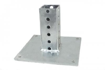 VCA333-8-28 SURFACE MOUNT BASE FOR 1 3/4 POST, 8 X 8 PLATE 1/4" TH, 7/16 HOLES, 12GA X 6" STUB, SHARP CORNERS