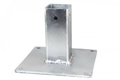 VCA334-8-28 SURFACE MOUNT BASE FOR 1 3/4 POST, 8 X 8 PLATE, 1/4 TH, 7/16 HOLES,12GA, 6" STUB, SHARP CORNERS