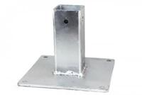 VCA334-8-32 SURFACE MOUNT BASE FOR 2" POST, 8 X 8 PLATE, 1/4 TH, 12GA, 7/16 HOLES,6" STUB, SHARP CORNERS